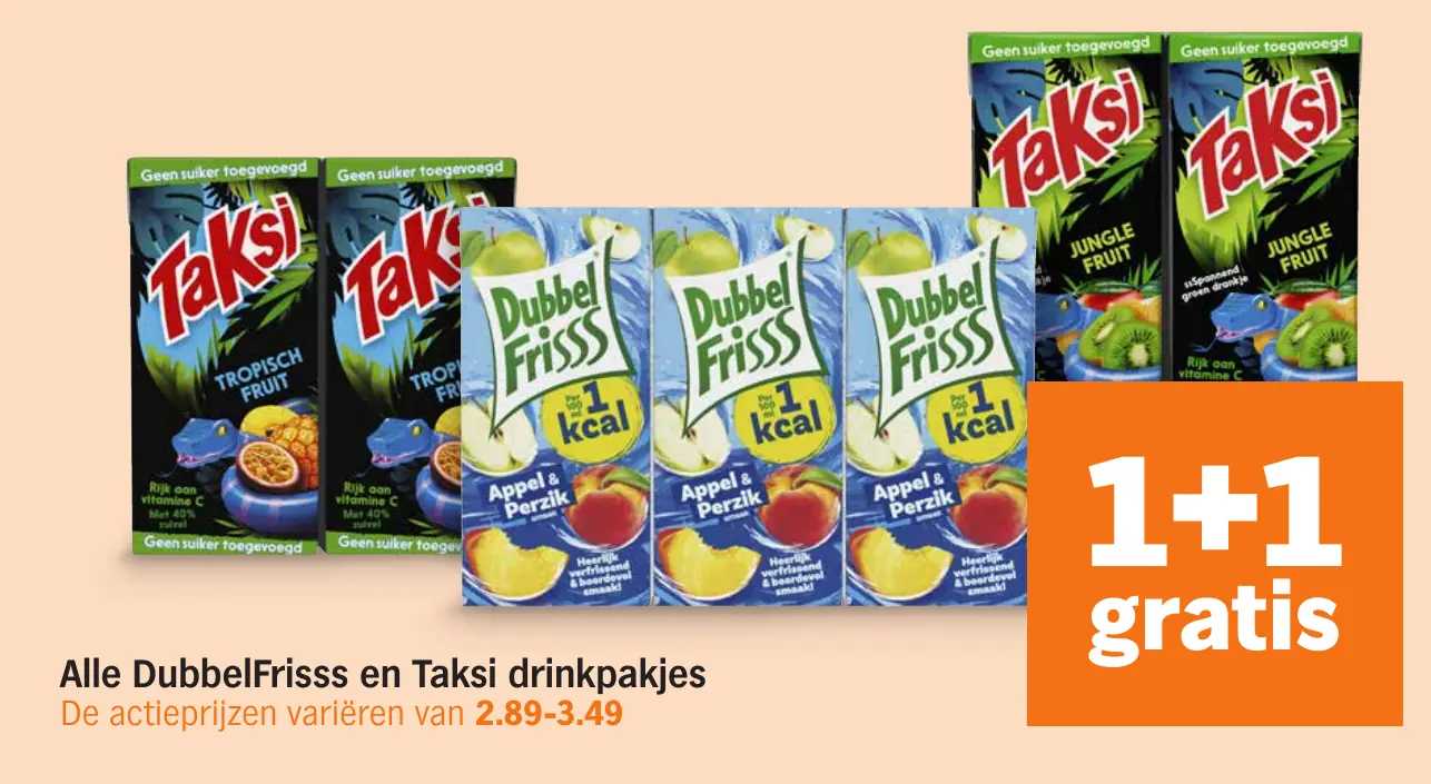 Alle DubbelFrisss en Taksi drinkpakjes — 1+1 gratis