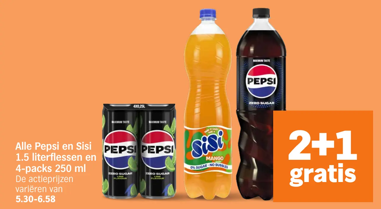 Alle Pepsi en Sisi 1.5 literflessen en 4-packs 250 ml