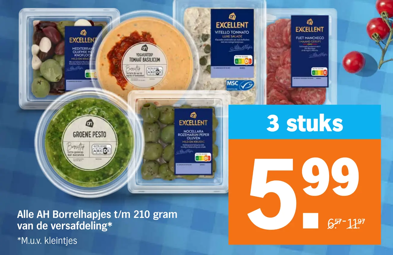 Alle AH Borrelhapjes t/m 210 gram van de versafdeling