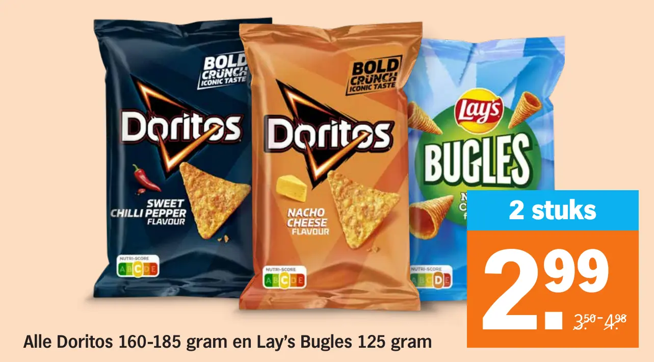 Alle Doritos 160-185 gram en Lay's Bugles 125 gram