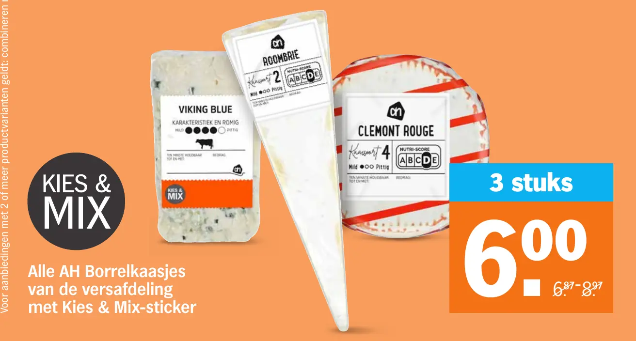 Alle AH Borrelkaasjes van de versafdeling met Kies & Mix-sticker