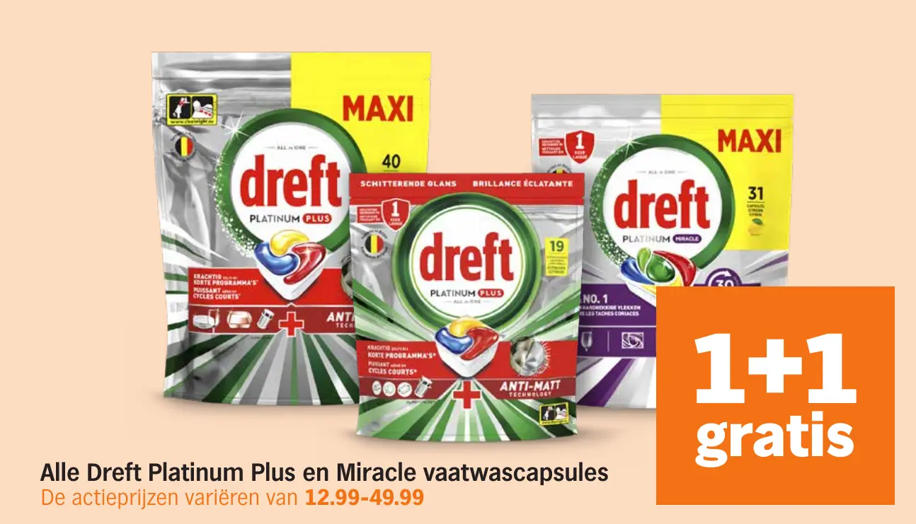 Alle Dreft Platinum Plus en Miracle vaatwascapsules