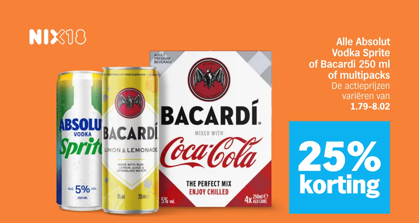 Alle Absolut Vodka Sprite of Bacardi 250 ml of multipacks