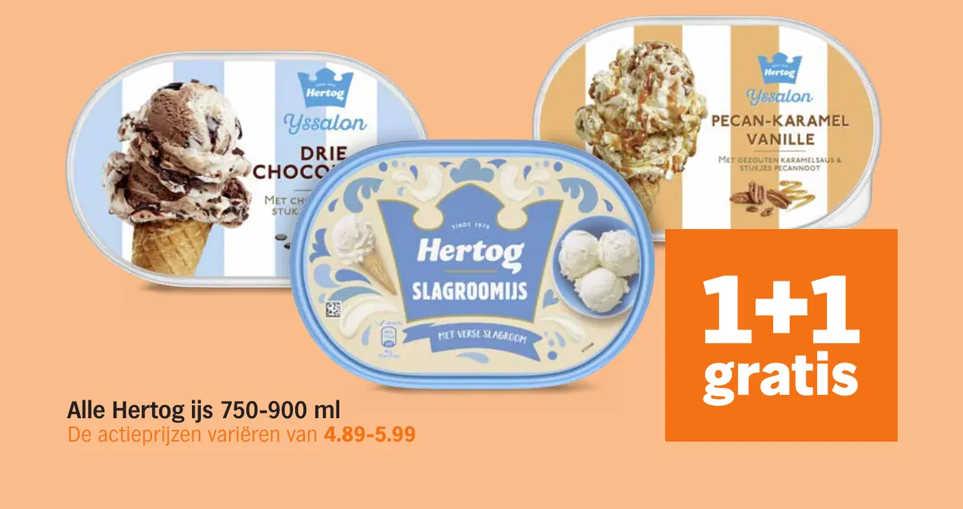 Alle Hertog ijs 750-900 ml — 1+1 gratis