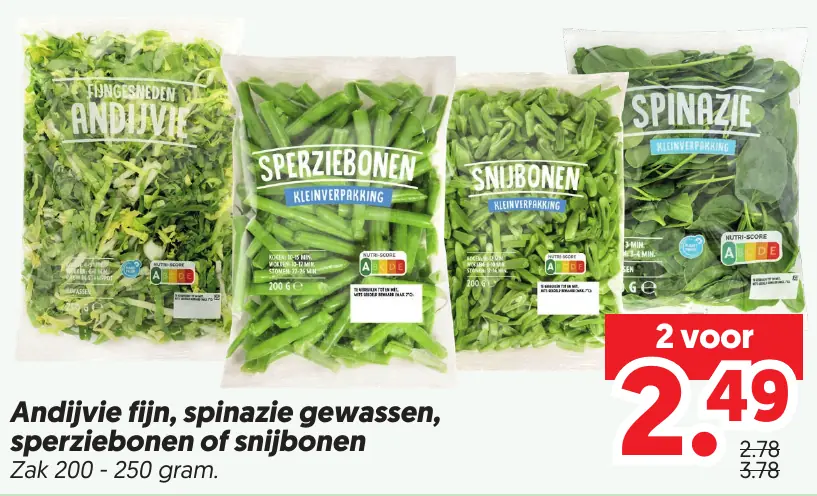Andijvie Fijn, Spinazie Gewassen, Sperziebonen of Snijbonen — 2 voor €2.49