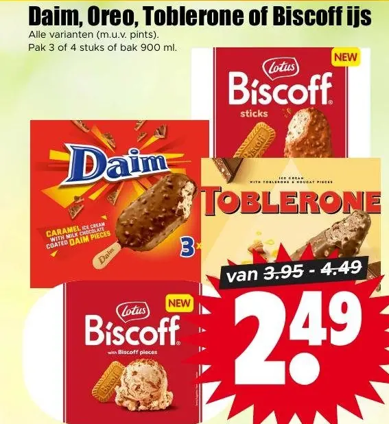 Daim, Oreo, Toblerone of Biscoff ijs