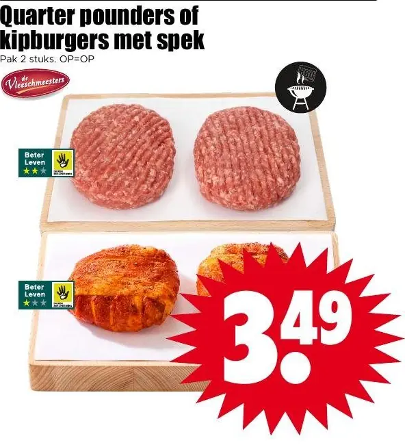 Quarter pounders of kipburgers met spek