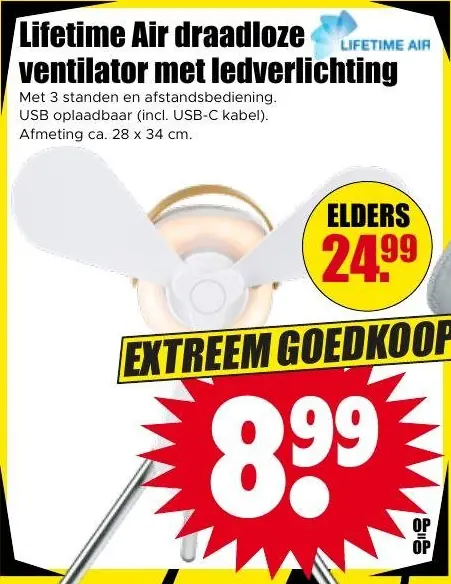Lifetime Air draadloze ventilator met ledverlichting