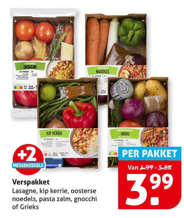 Verspakket lasagne, kip kerrie, oosterse noedels, pasta zalm, gnocchi of Grieks