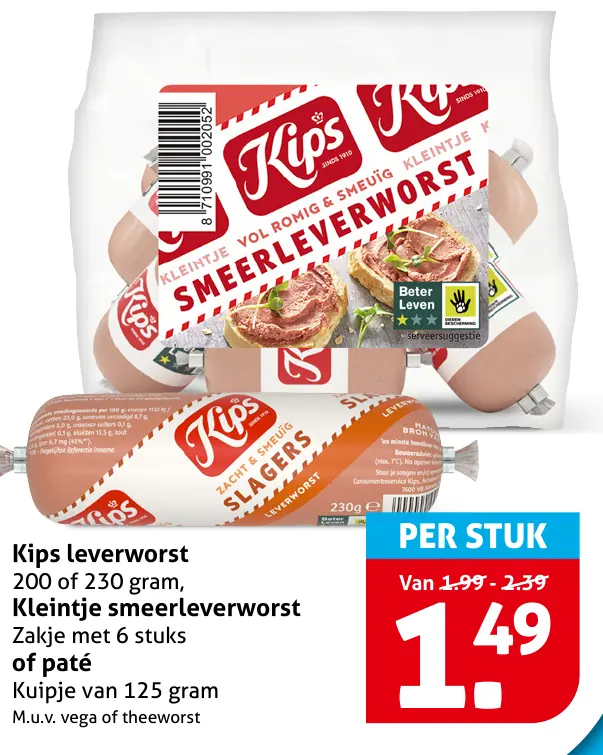 Kips leverworst 200 of 230 gram, kleintje smeerleverworst Zakje met 6 stuks of pat&eacute; Kuipje van 125 gram