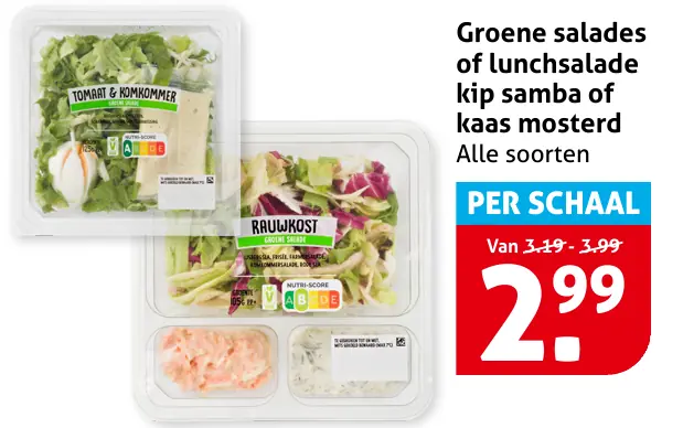 Groene salades of lunchsalade kip samba of kaas mosterd