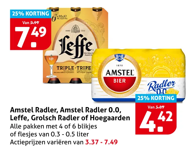 Amstel Radler, Amstel Radler 0.0, Leffe, Grolsch Radler of Hoegaarden