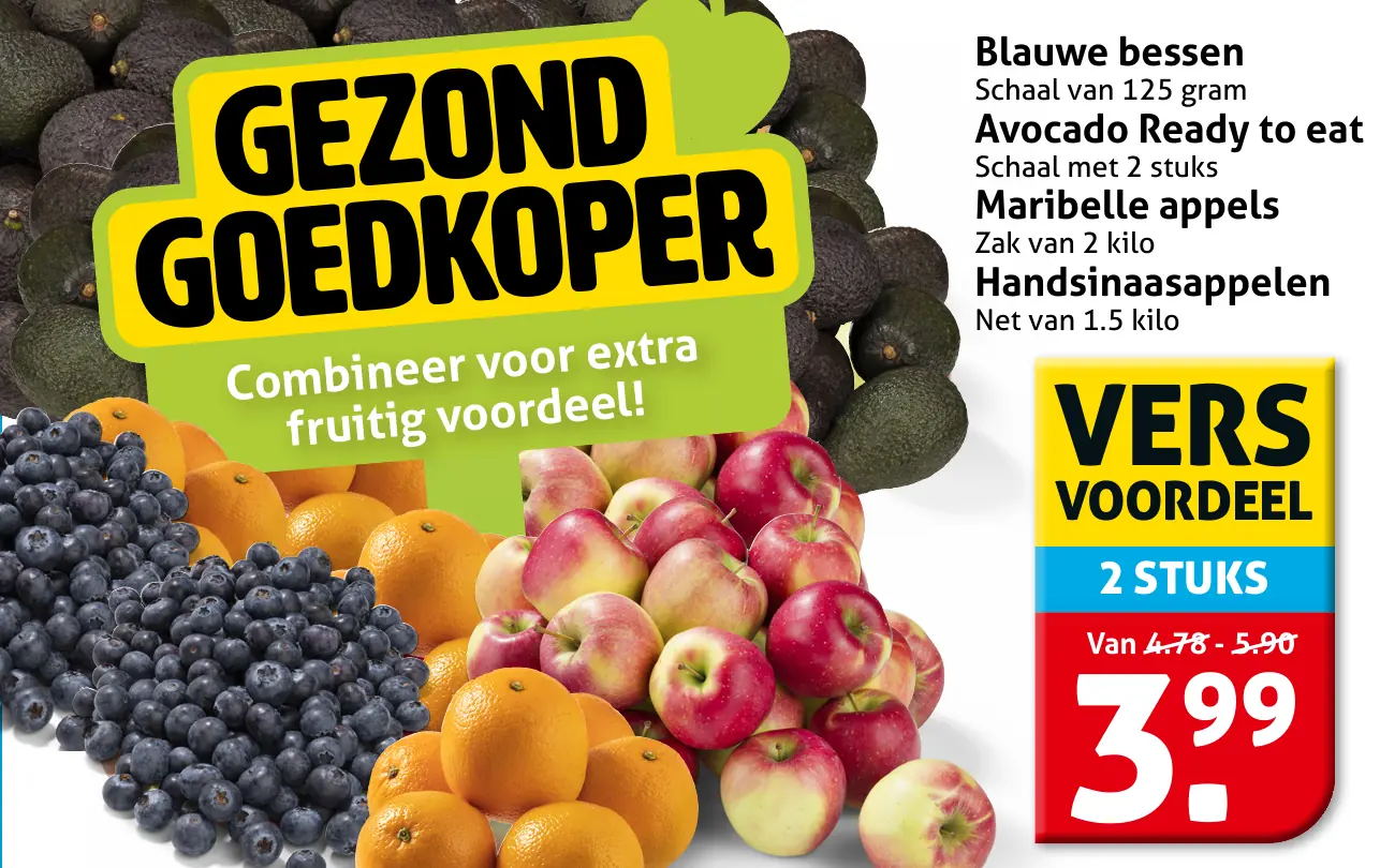 Blauwe bessen Schaal van 125 gram Avocado Ready to eat Schaal met 2 stuks Maribelle appels Zak van 2 kilo of Handsinaasappelen Net van 1.5 kilo