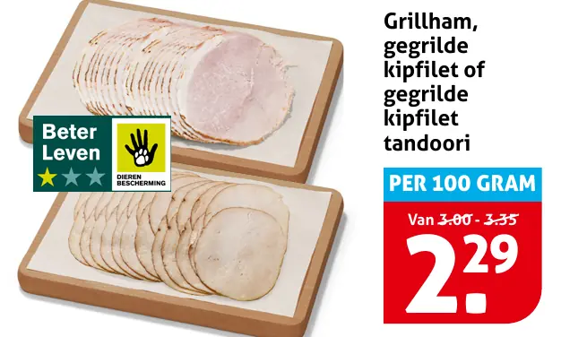 Grillham, gegrilde kipfilet of gegrilde kipfilet tandoori