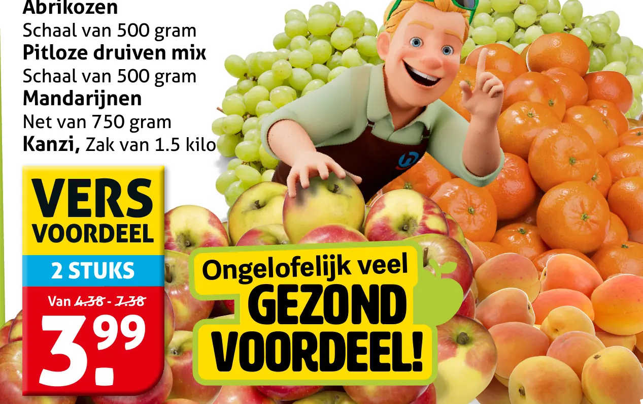 Abrikozen Schaal van 500 gram Mix druiven pitloos Schaal van 500 gram Mandarijnen Net van 750 gram Kanzi, Tas van 1.5 kilo