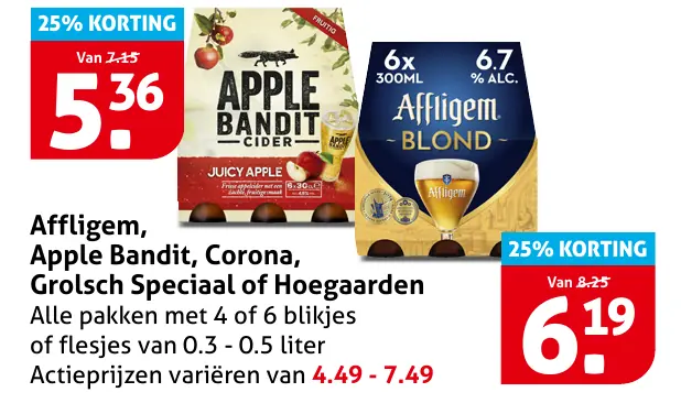 Affligem, Apple Bandit, Corona, Grolsch Speciaal of Hoegaarden — voor €2.99