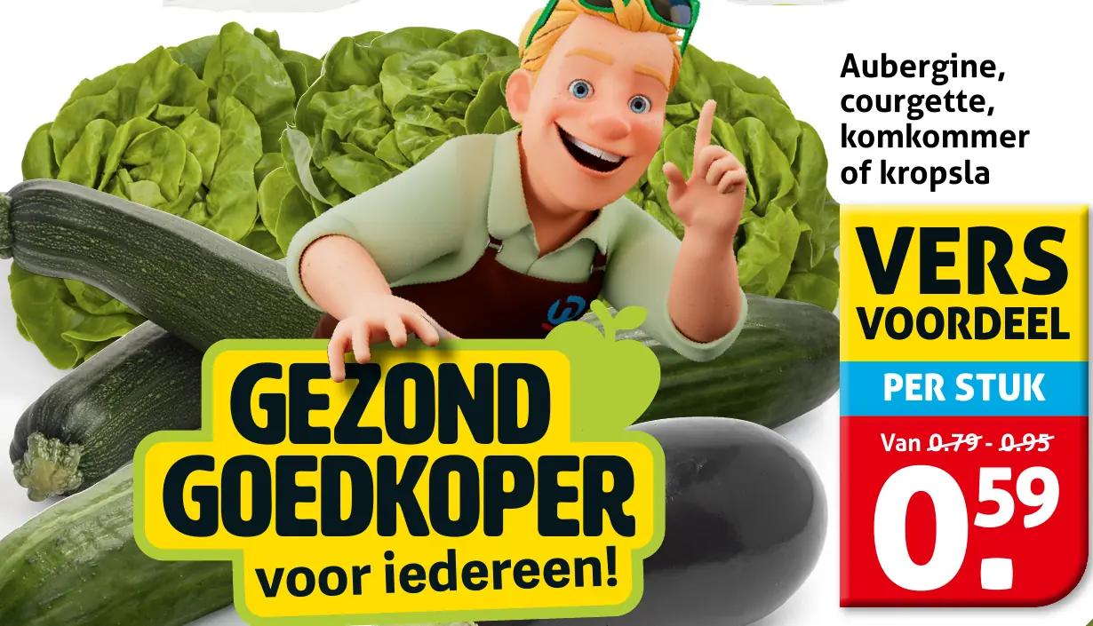 Aubergine, courgette, komkommer of kropsla — voor €0.69