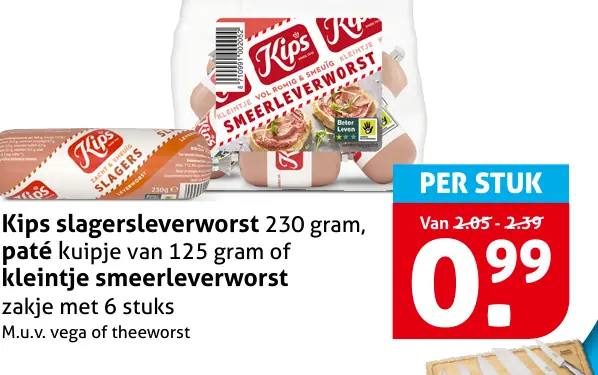 Kips slagersleverworst 230 gram, pat&eacute; kuipje van 125 gram of kleintje smeerleverworst zakje met 6 stuks