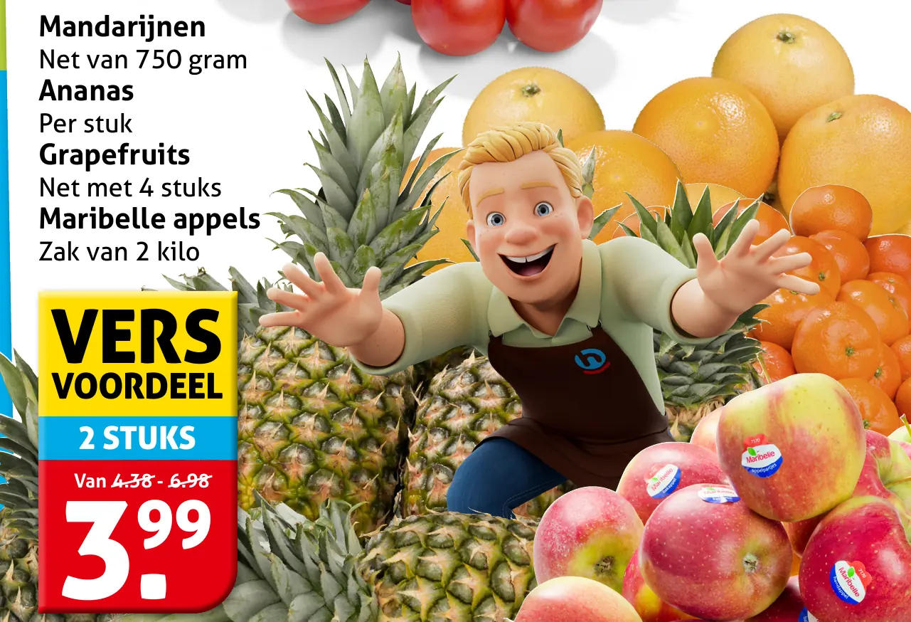 Mandarijnen Net van 750 gram Ananas Per stuk Grapefruits Net met 4 stuks Maribelle appels Zak van 2 kilo