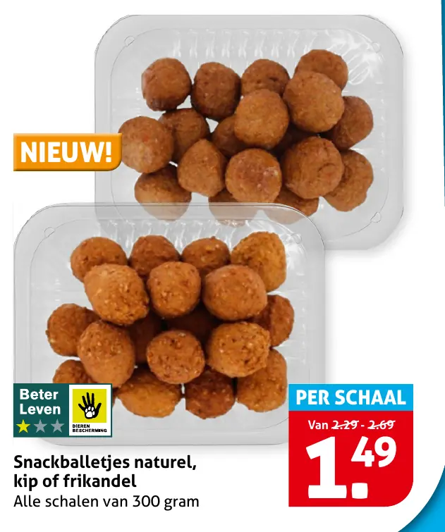 Snackballetjes naturel, kip of frikandel