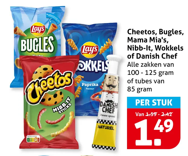 Cheetos, Bugles, Mama Mia's, Nibb-It, Wokkels of Danish Chef