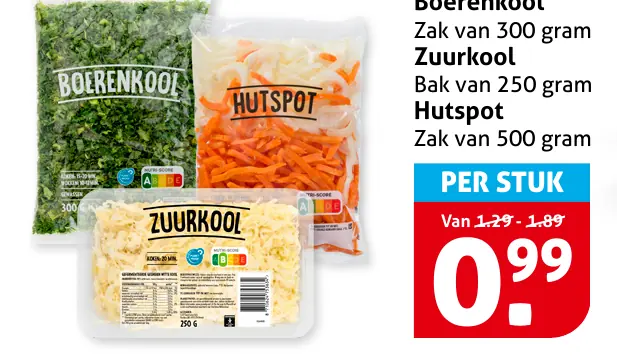Boerenkool Zak van 300 gram Zuurkool Bak van 250 gram Hutspot Zak van 500 gram