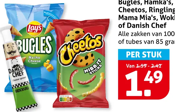 Bugles, Hamka's, Nibb-it, Cheetos, Ringings, Mama Mia's, Wokkels of Danish chef