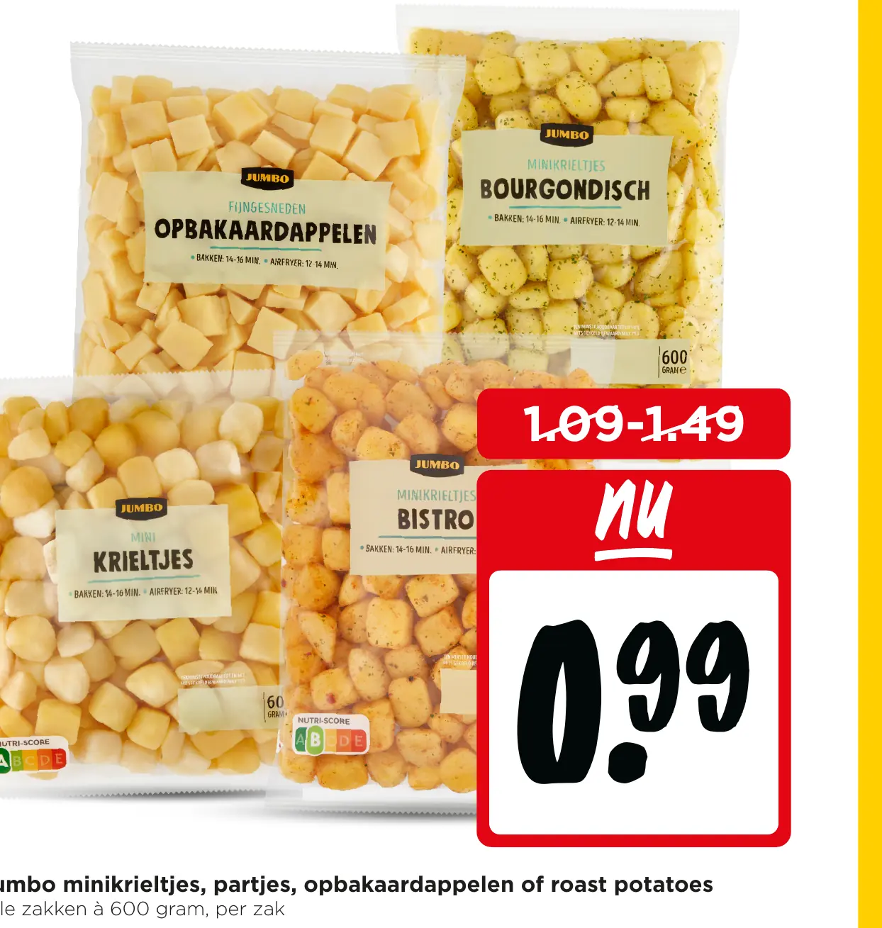 Jumbo minikrieltjes, partjes, opbakaardappelen of roast potatoes