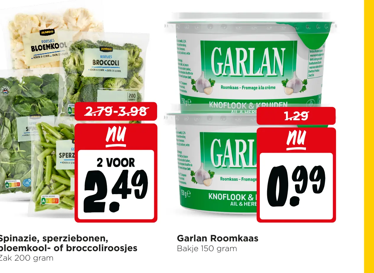 Spinazie, sperziebonen, bloemkool- of broccoliroosjes — voor €1.49