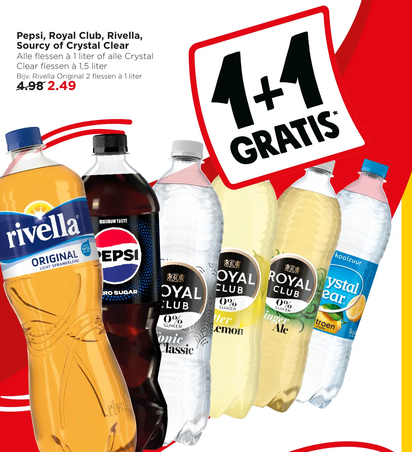 aanbieding Pepsi, Royal Club, Rivella,Sourcy of Crystal Clear