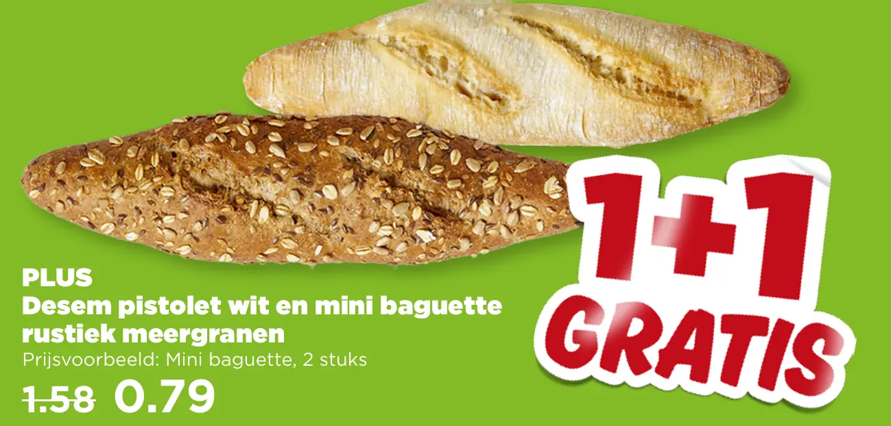 PLUS Desem pistolet wit en mini baguette rustiek meergranen