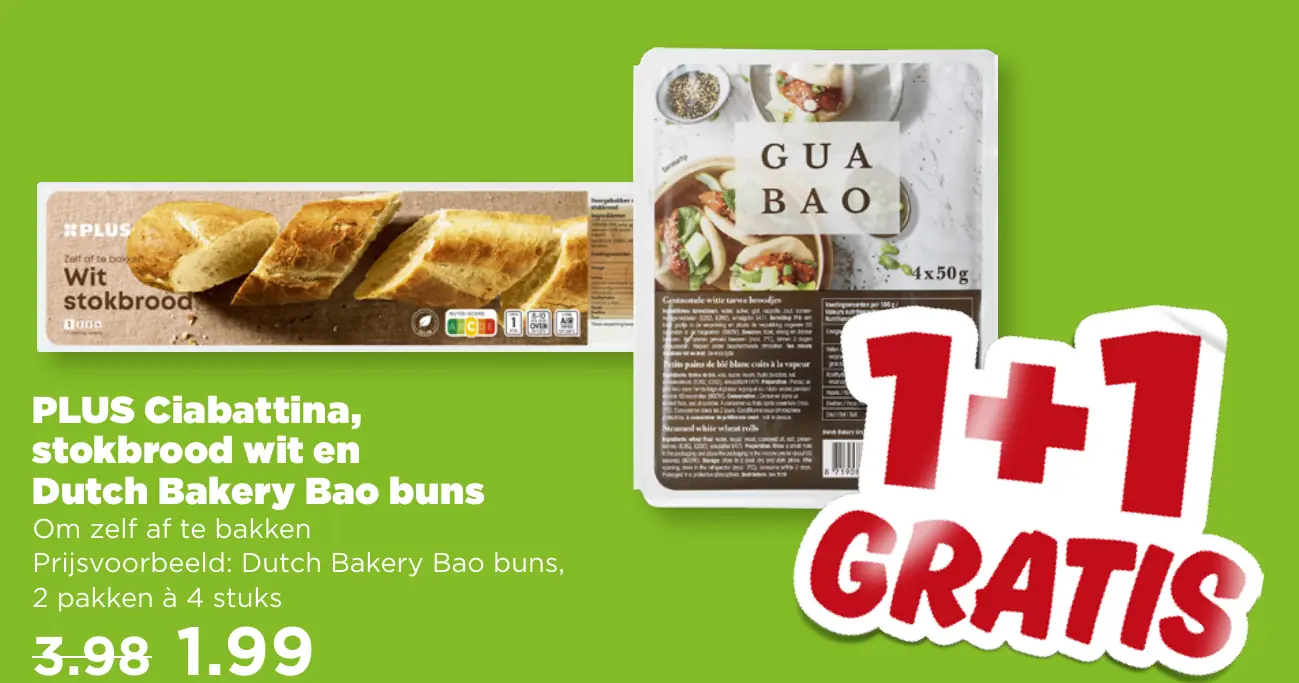 PLUS Ciabattina stokbrood wit en Dutch Bakery Bao buns