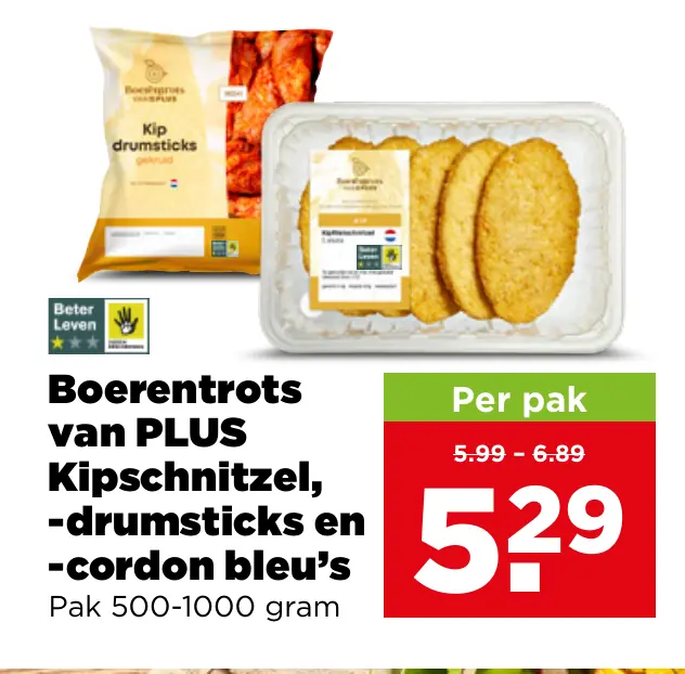 Boerentrots van PLUS Kipschnitzel -drumsticks en -cordon bleu's