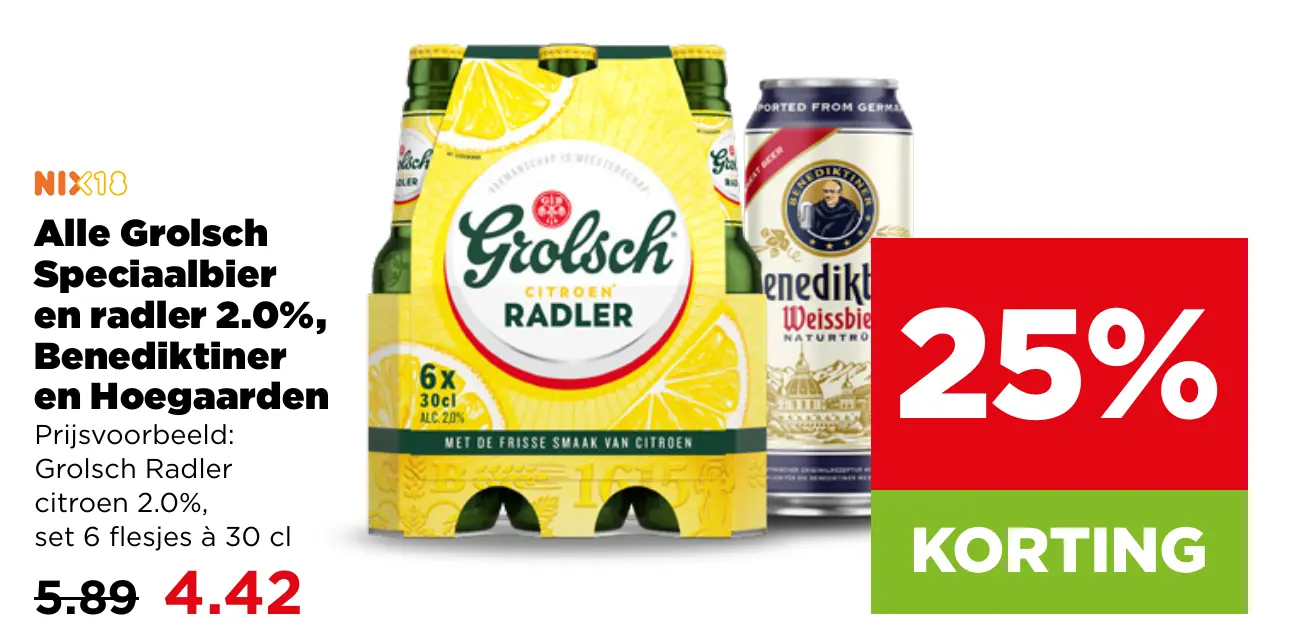 Alle Grolsch Speciaalbier en radler 2.0% Benediktiner en Hoegaarden