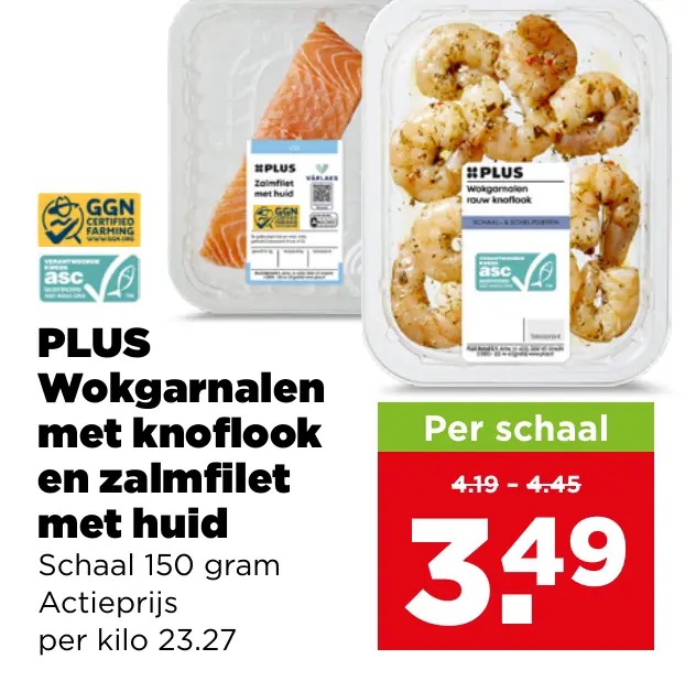 PLUS Wokgarnalen met knoflook en zalmfilet met huid