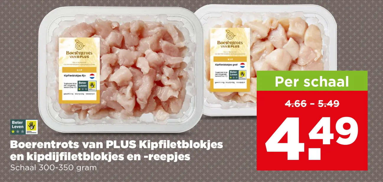 Boerentrots van PLUS Kipfiletblokjes en kipdijfiletblokjes en -reepjes