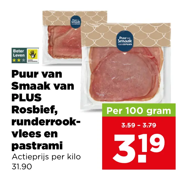 Puur van Smaak van PLUS Rosbief , runderrookvlees en pastrami