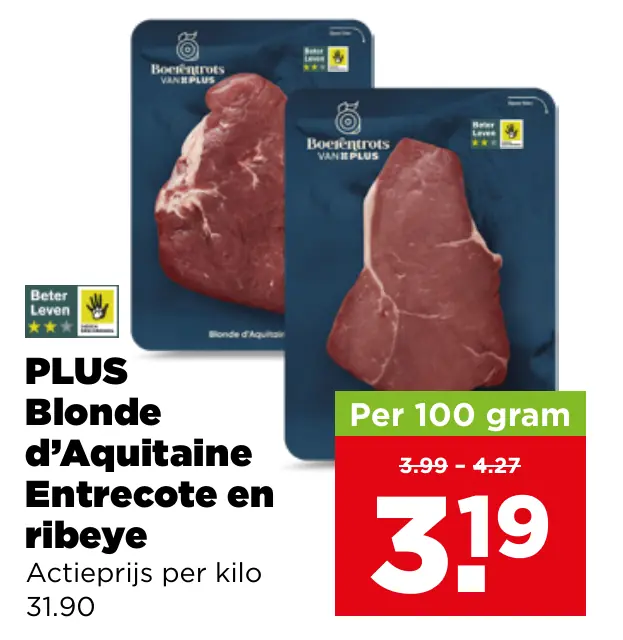 Boerentrots van PLUS Blonde d'Aquitaine Entrecote en ribeye