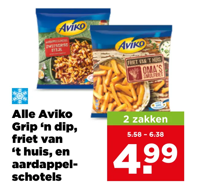 Alle Aviko Grip 'n dip friet van 't huis en aardappelschotels