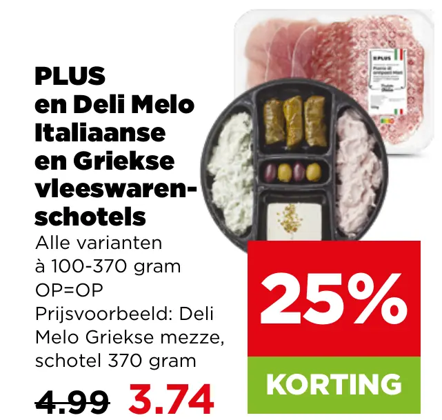 PLUS en Deli Melo Italiaanse en Griekse vleeswaren-schotels