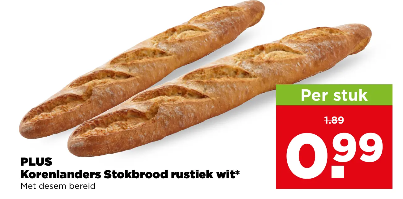 PLUS Korenlanders Stokbrood rustiek wit — voor €0.99
