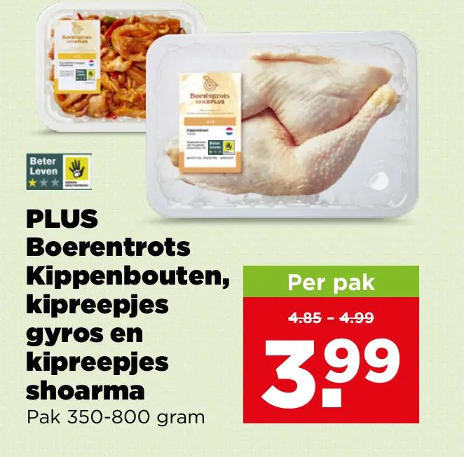 PLUS Boerentrots Kippenbouten, kipreepjes gyros en kipreepjes shoarma