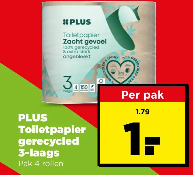 PLUS Toiletpapier gerecycled 3-laags
