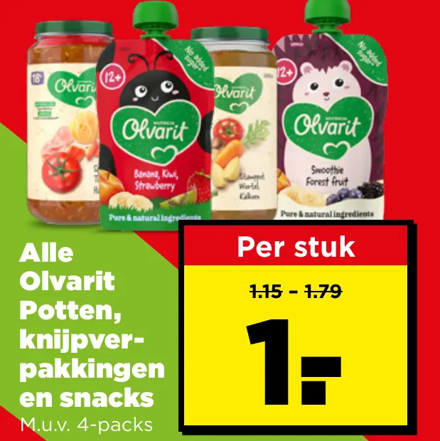 Alle Olvarit Potten, knijpverpakkingen en snacks