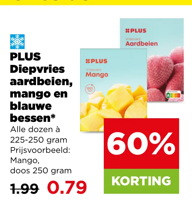 PLUS Diepvries aardbeien, mango en blauwe bessen — 60% korting