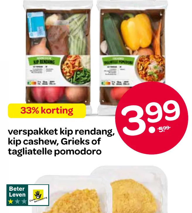 verspakket kip rendang, kip cashew, grieks of tagliatelle pomodoro