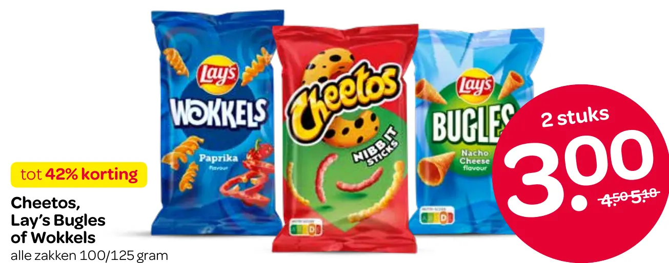 cheetos, lay's bugles of wokkels