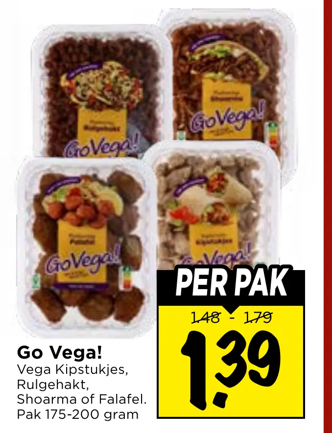 vega kipstukjes, rulgehakt, shoarma of falafel
