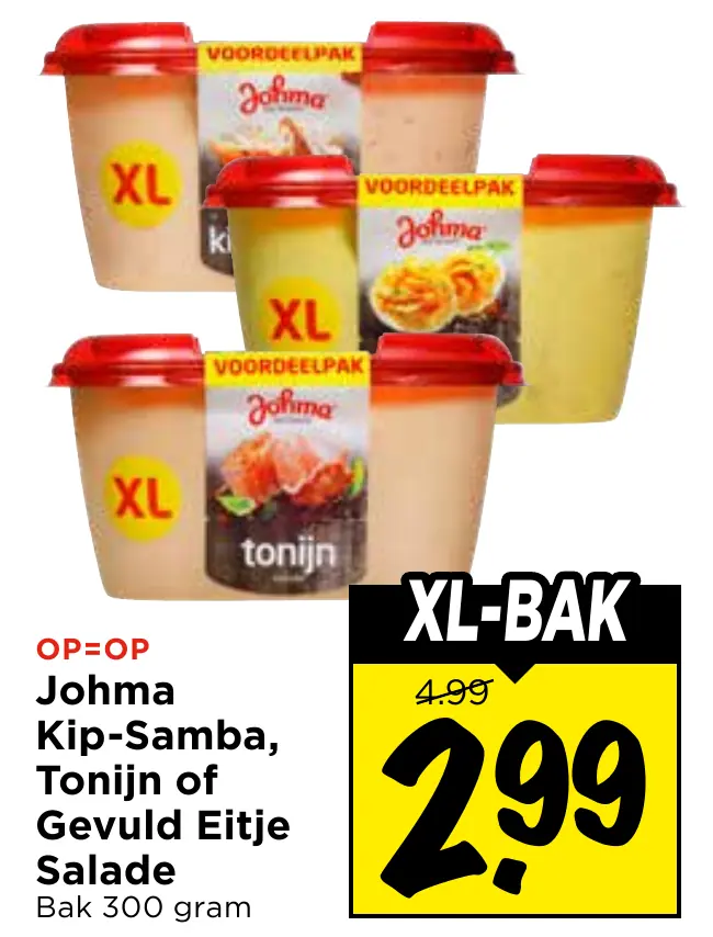 johma kip-samba, tonijn of gevuld eitje salade