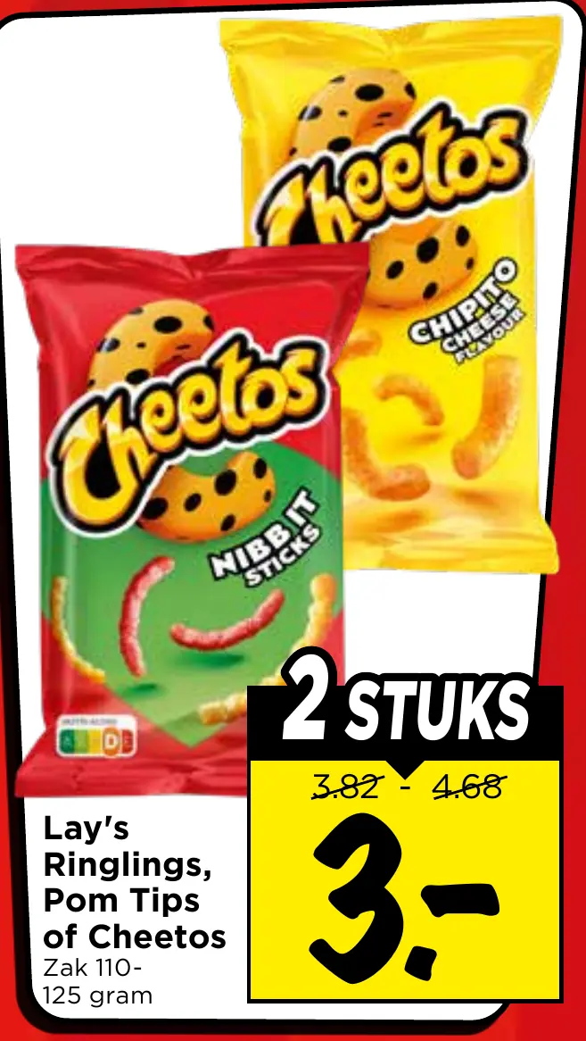 Lay's ringlings, pom tips of cheetos